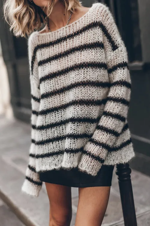 Time for Warmer Layers Fluffy Stripes Relaxed Knit Sweater